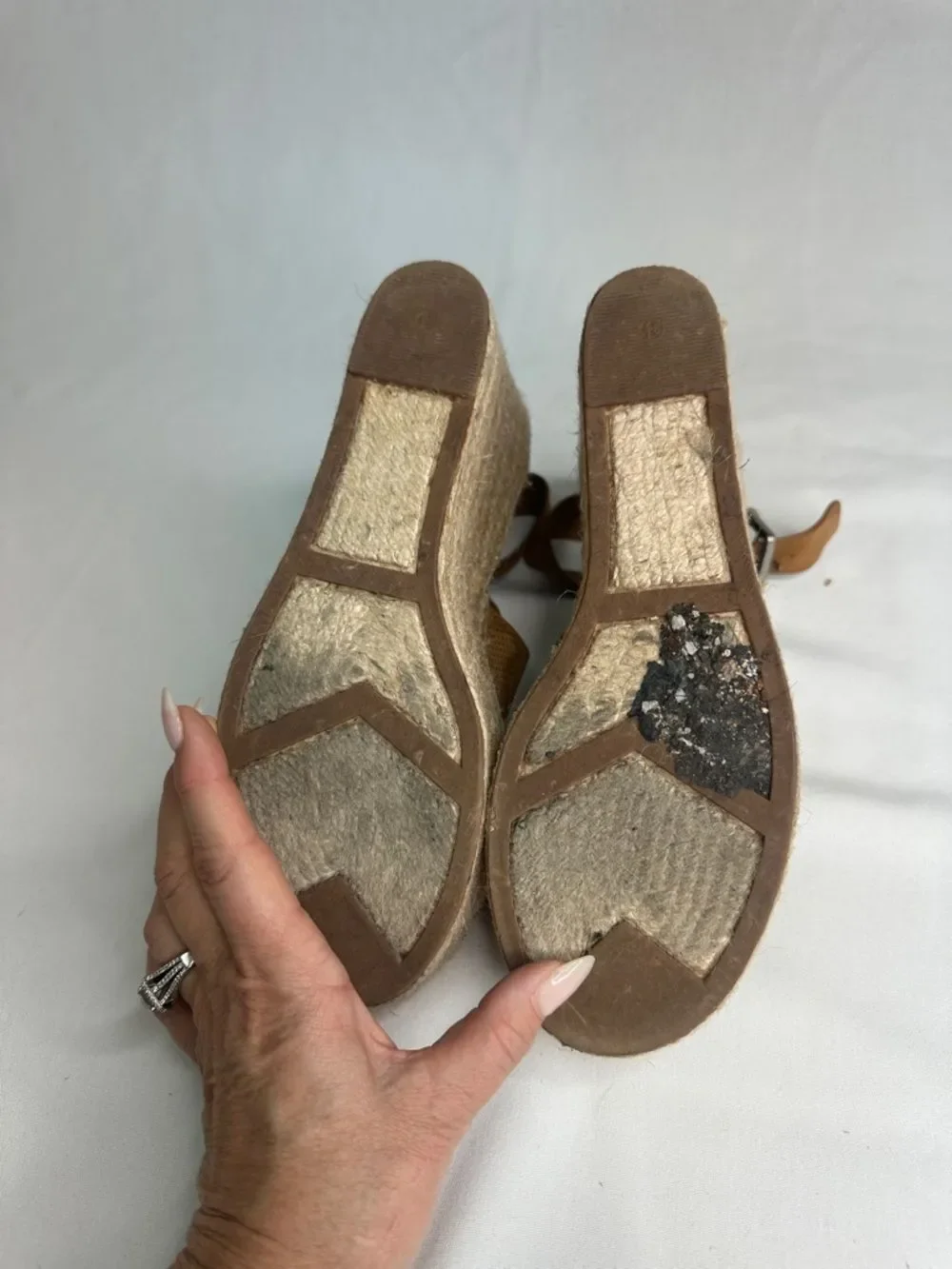 Marc Fisher Tan Perforated Leather Espadrille Wedge Sandals